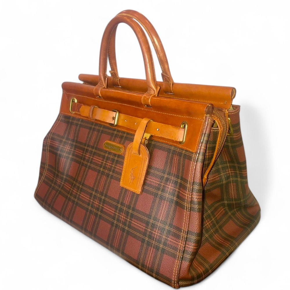 RALPH LAUREN Tartan Plaid Brown Green Doctor Boston Weekend Travel Suitcase - Picture 3 of 17
